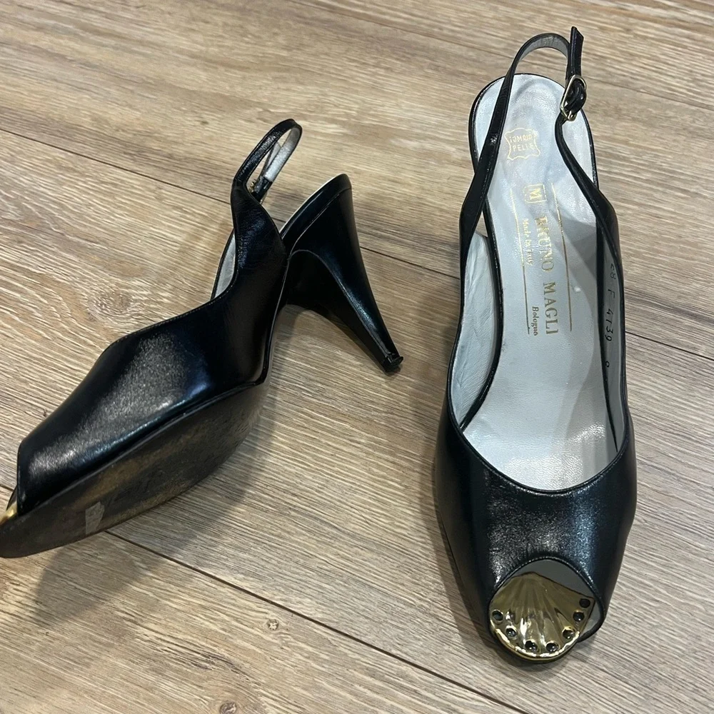 BRUNO MAGLI black leather peep toe sling shoes with gold accent on the toe - Picture 4 of 16